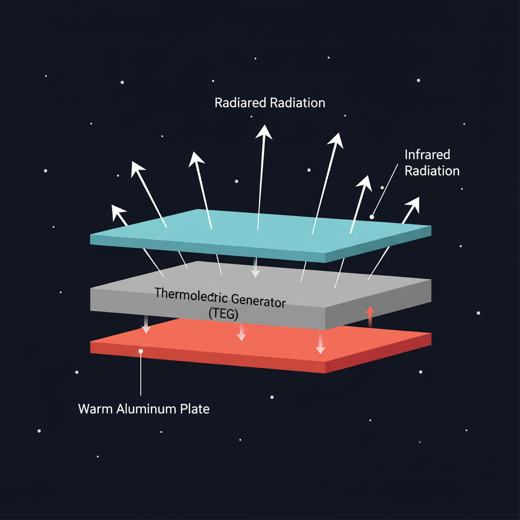 A diagram of the Stanford radiative cooling panel, showing the cold top, warm bottom, and thermoelectric generator (TEG)