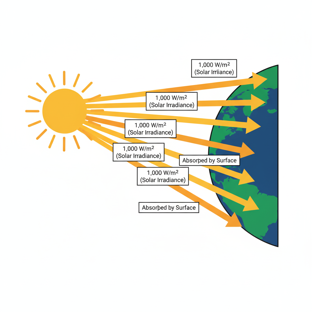 An illustration showing solar irradiance from the sun hitting the Earth at 1,000 W/m^2