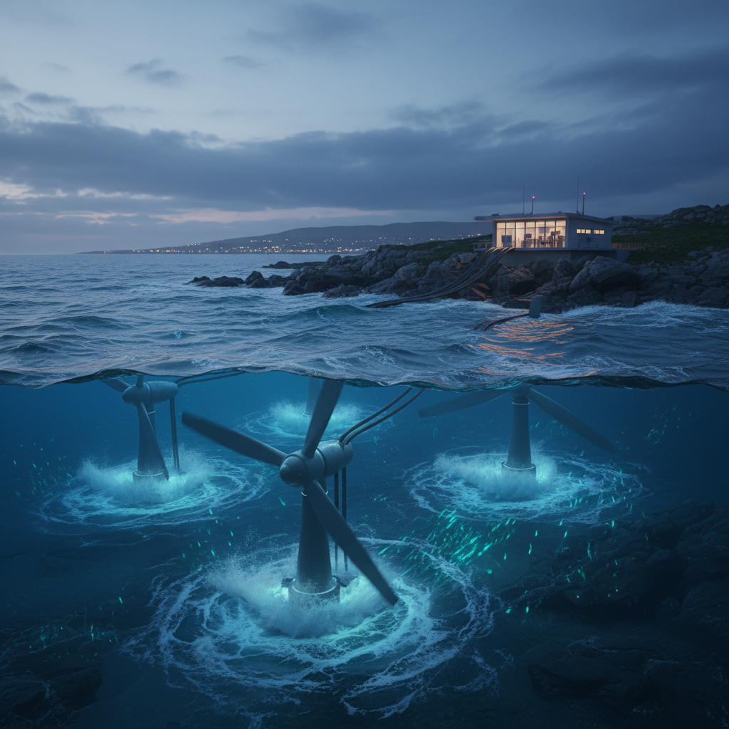An illustration of a tidal power plant with underwater turbines