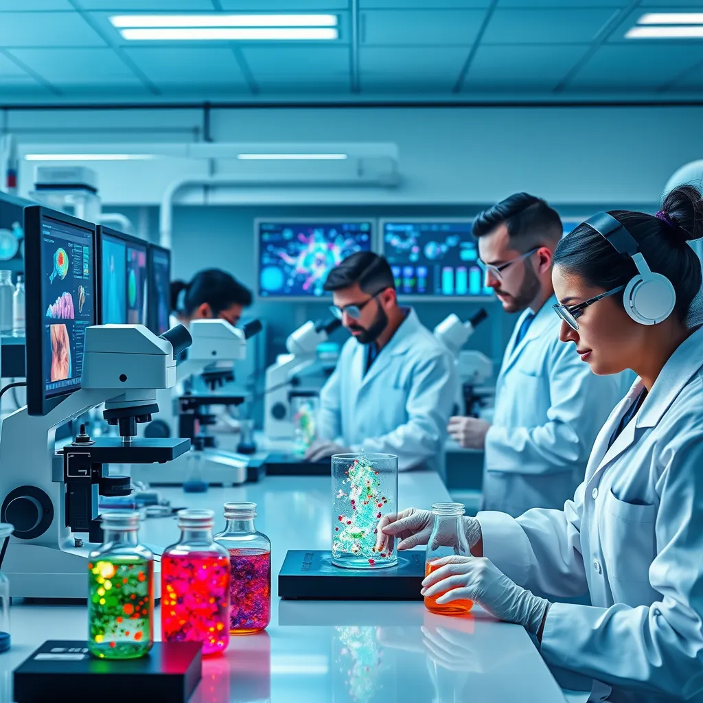 Scientists in a lab studying nanoparticle effects