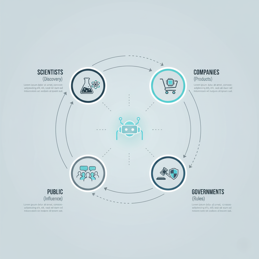 An infographic showing the four main players controlling nanotechnology: Scientists (Discovery), Companies (Products), Governments (Rules), and The Public (Influence).