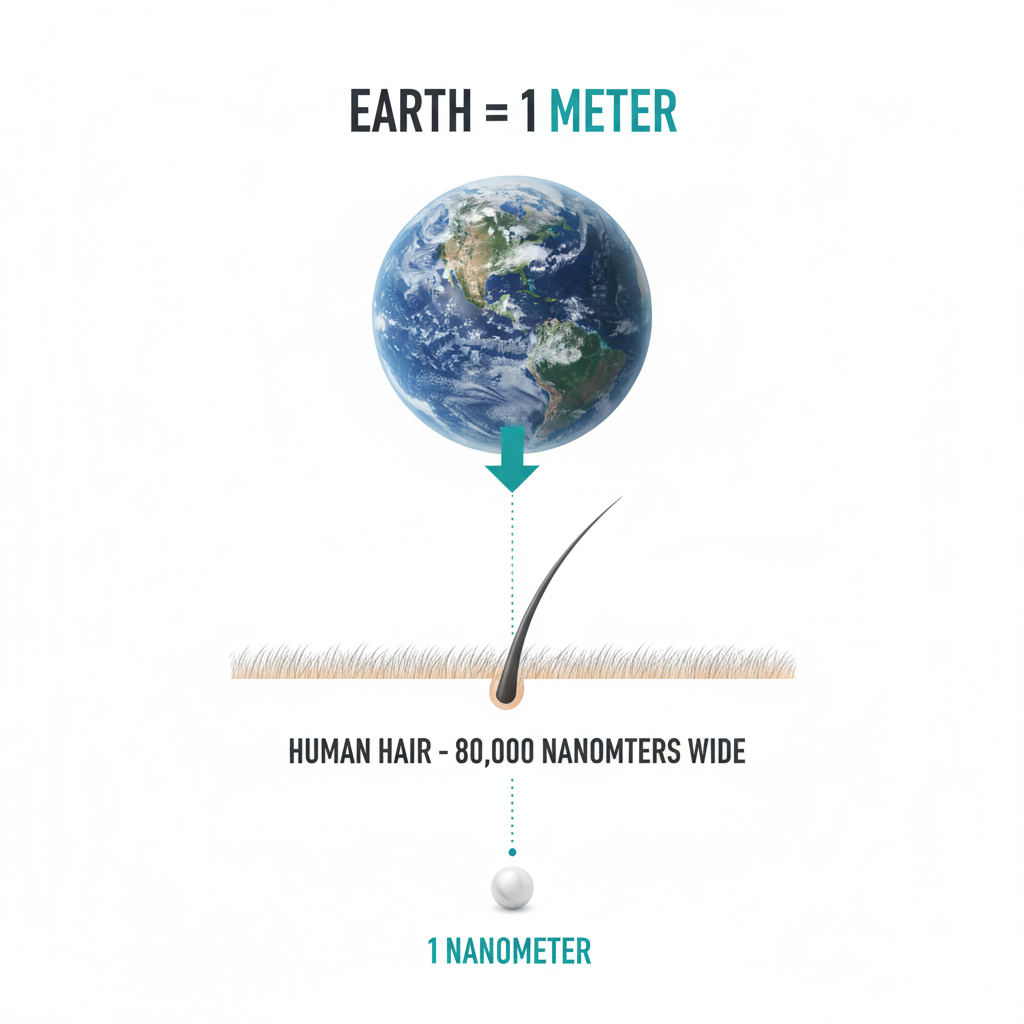 An infographic comparing a nanometer to a human hair and Earth