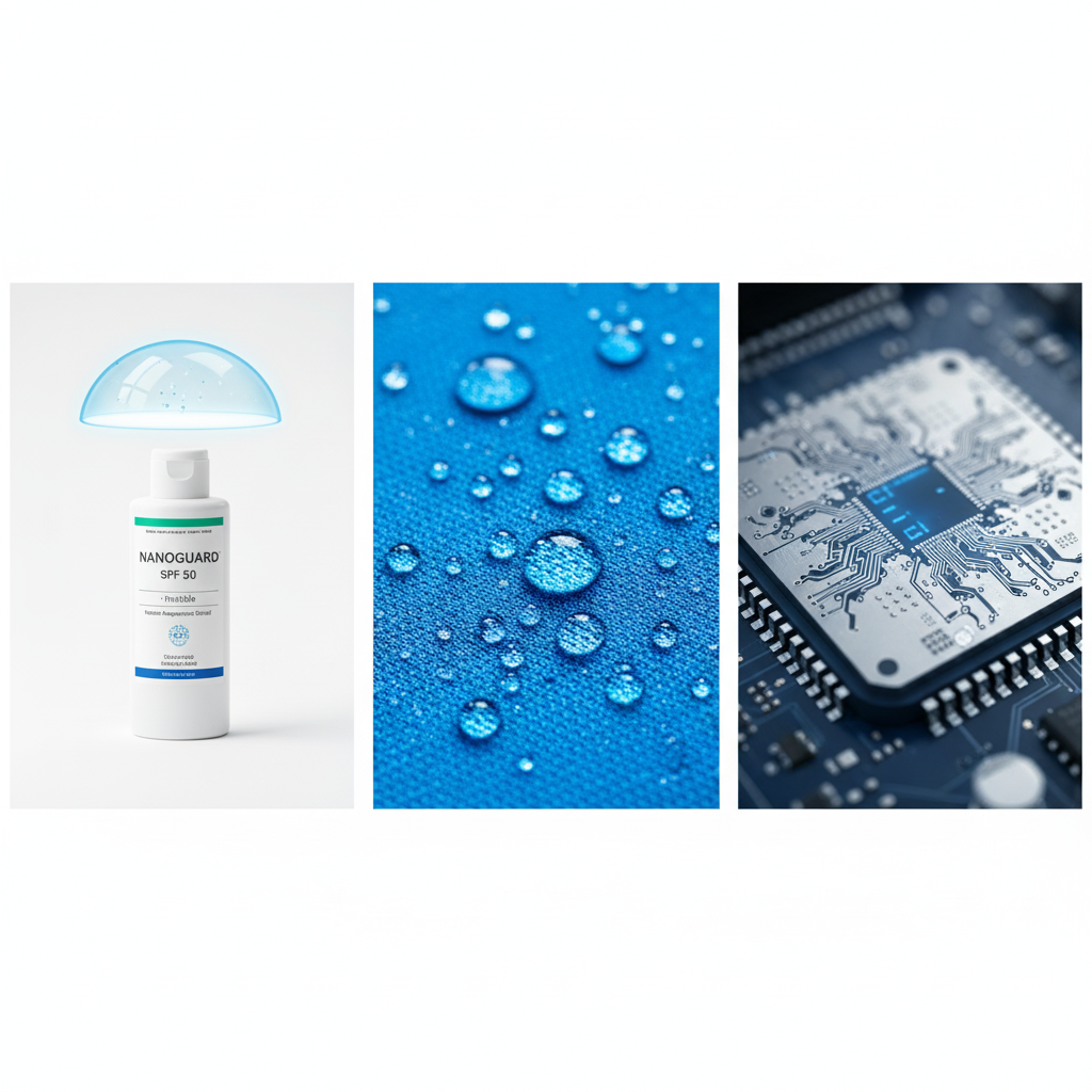 A collage of everyday nanotech products: sunscreen, stain-repellent fabric, and a computer chip