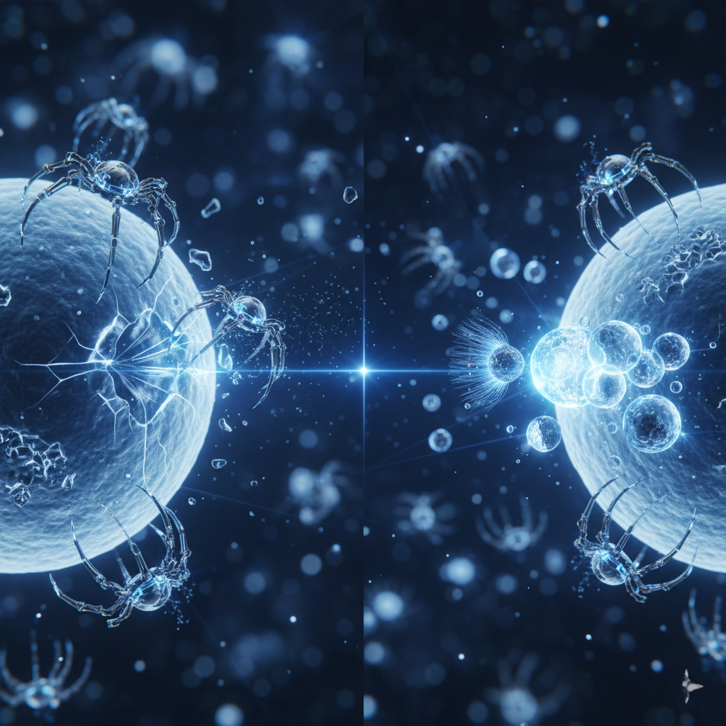 A futuristic image of nanobots repairing a cell or cleaning water molecules