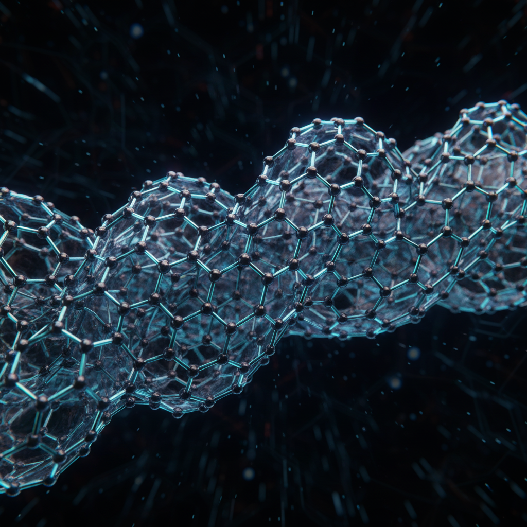 A microscopic view or 3D rendering of carbon nanotubes' hexagonal lattice structure.