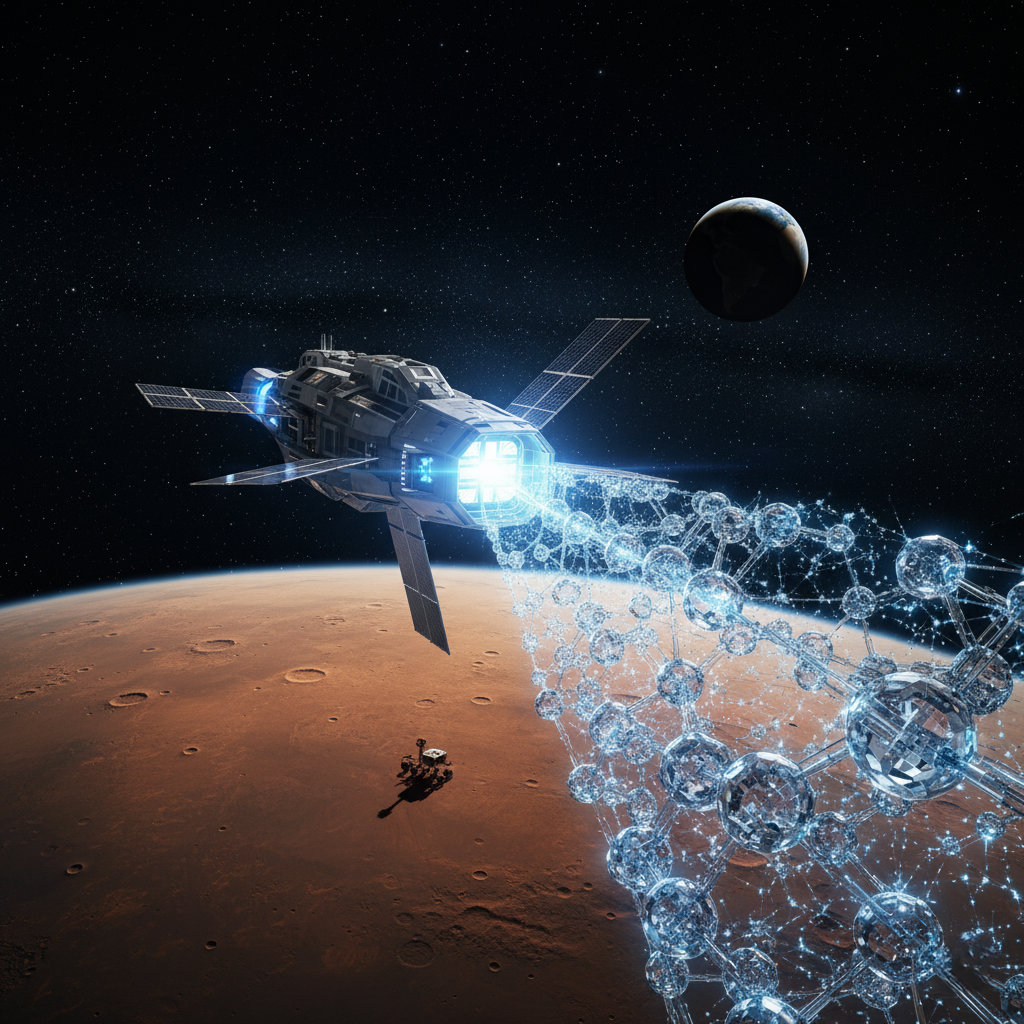 An image of a spacecraft with an artistic zoom-in effect showing a microscopic, molecular structure.