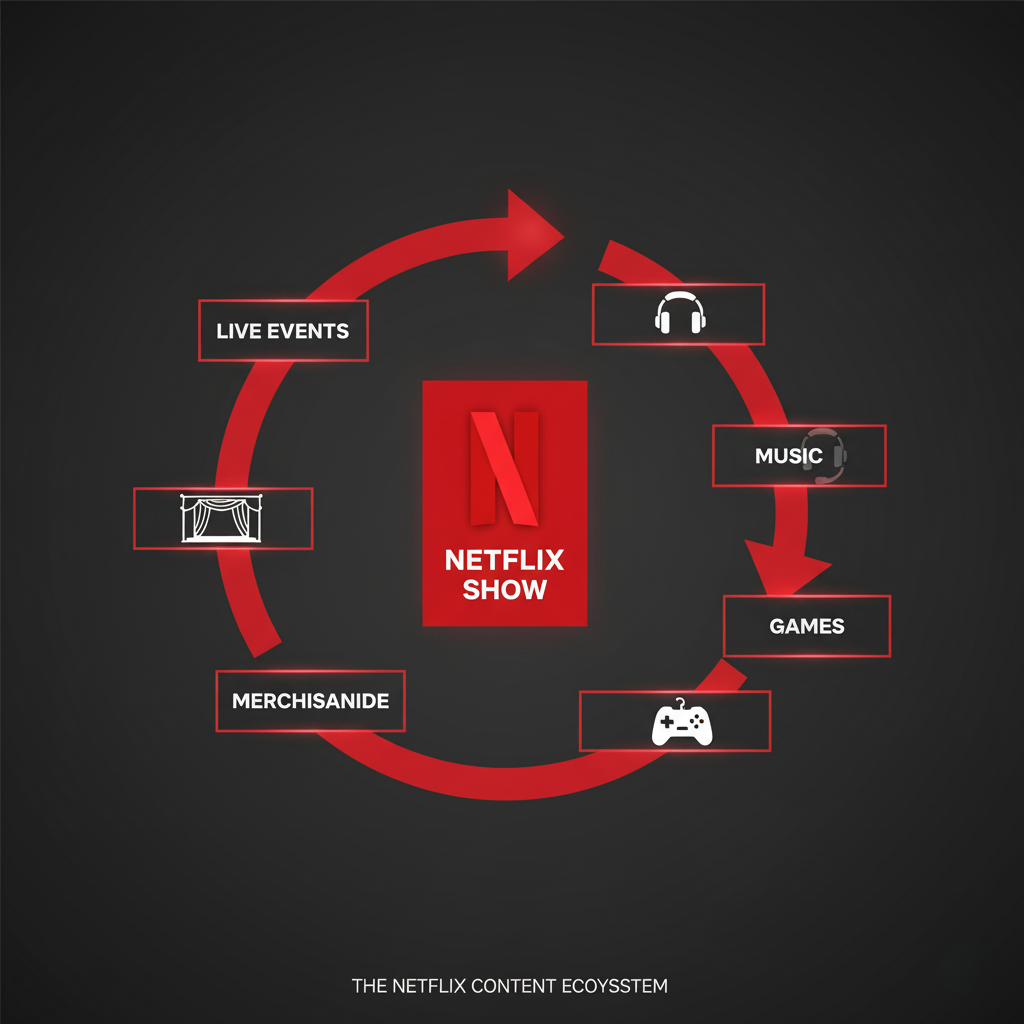 An infographic showing the 'Build and Extend' playbook, from show to games, music, and merch
