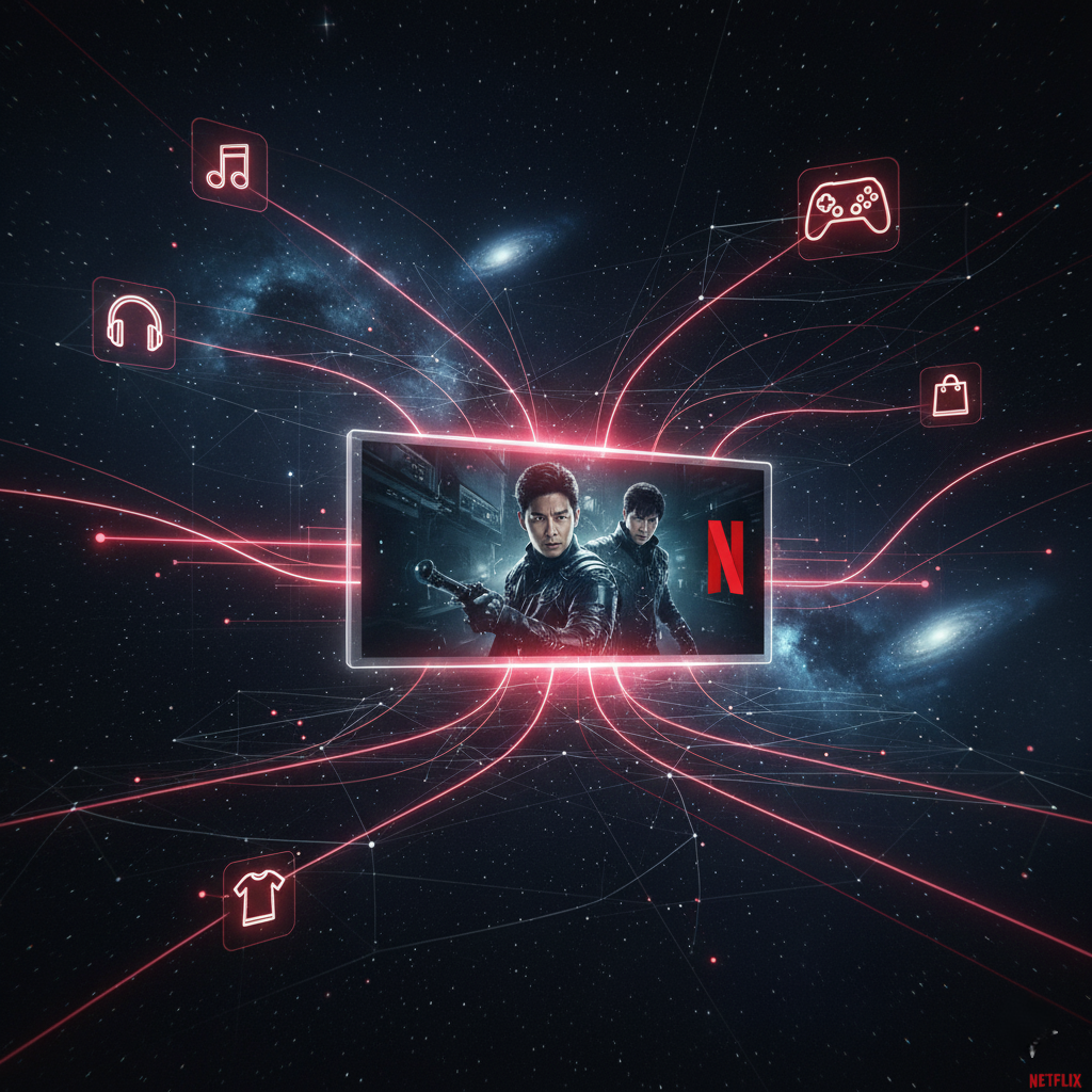 An image of a K-Drama show on a TV, with video games, music, and merchandise spinning off from it