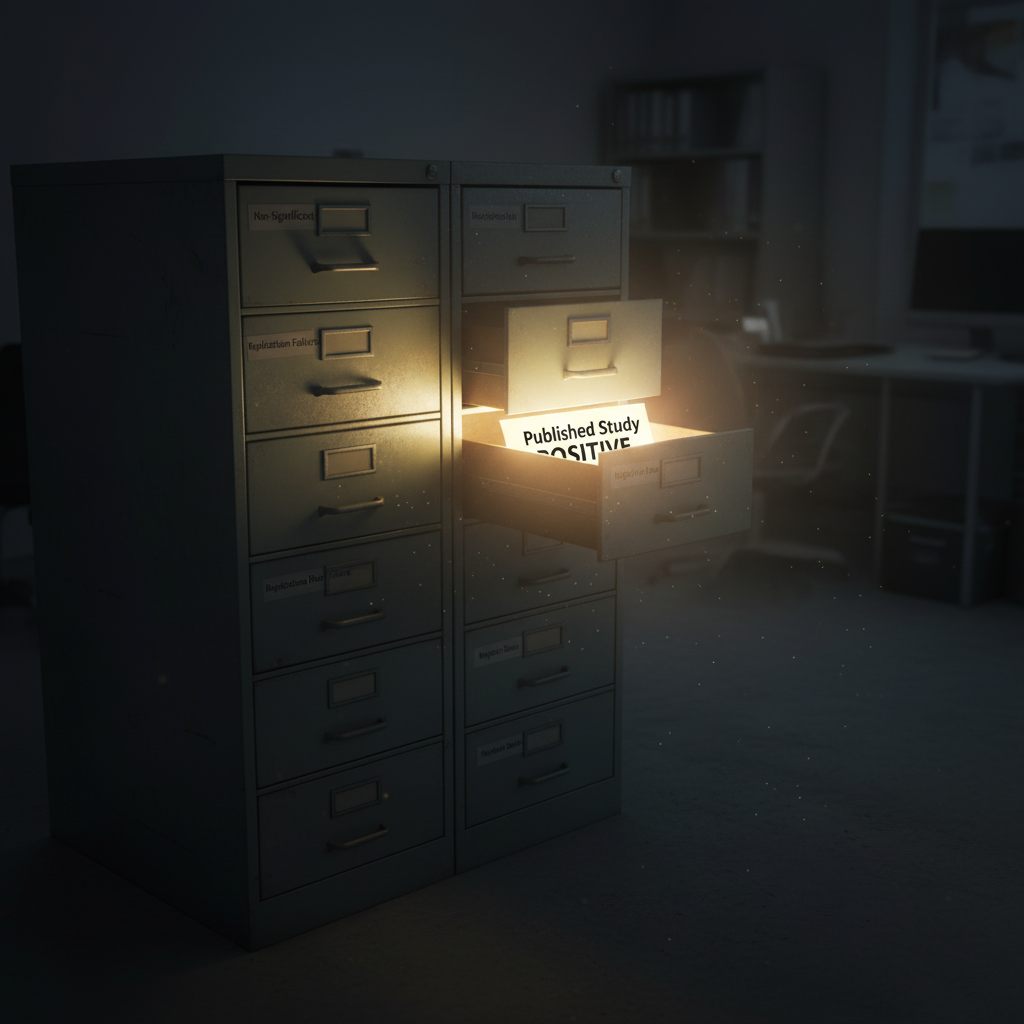 Illustration of the 'File Drawer Effect' showing unpublished negative results