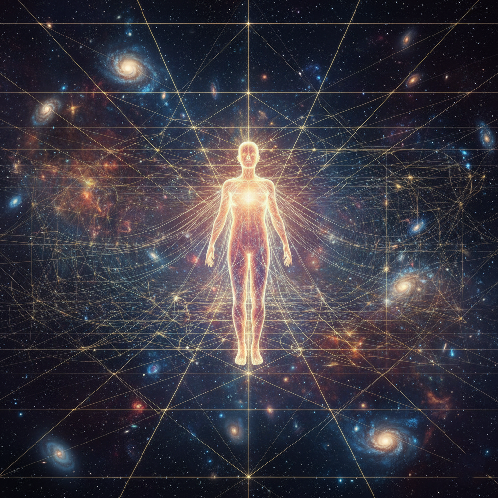 Artistic rendering of a person connected to the fabric of time