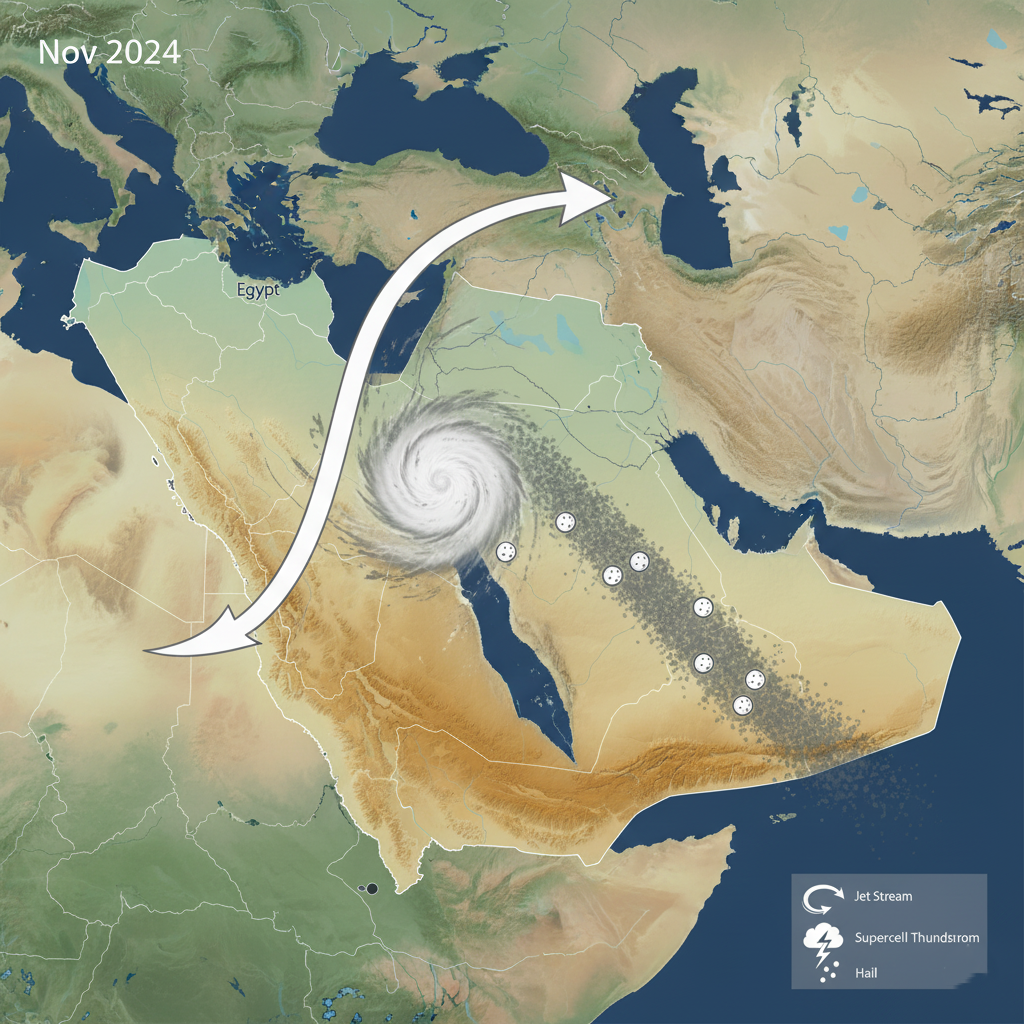 A weather map showing a cold upper-level trough moving over Saudi Arabia, creating a supercell thunderstorm