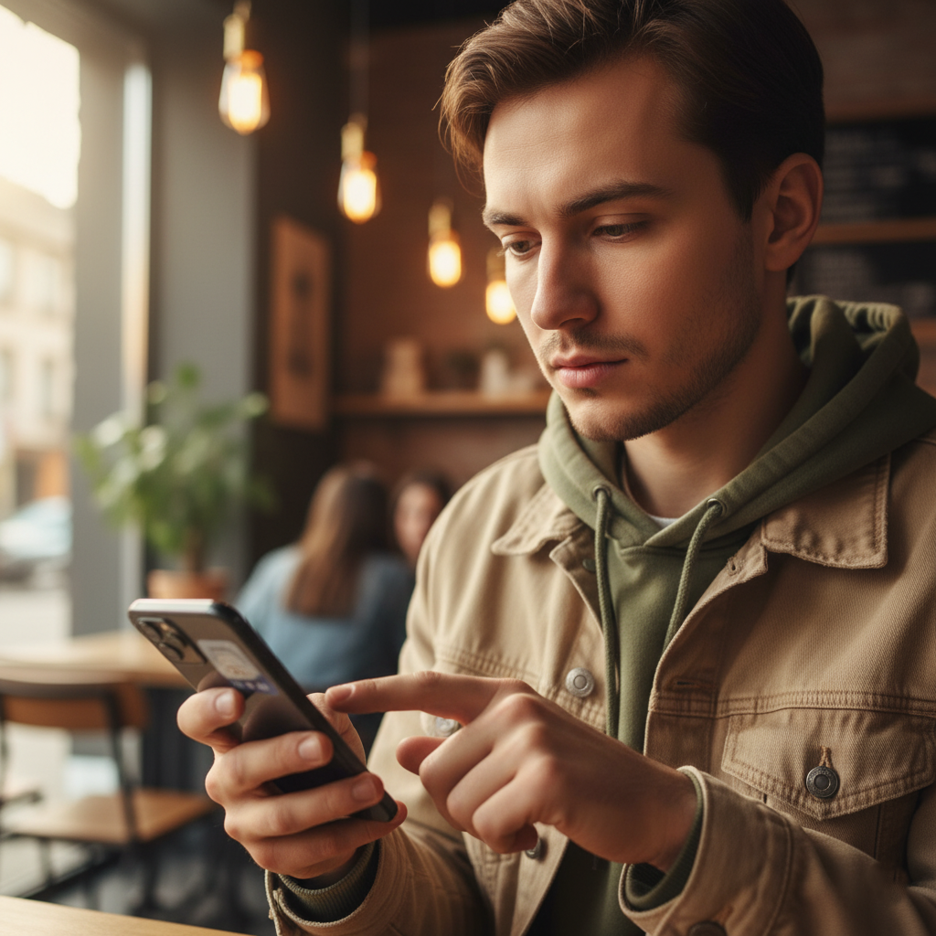 A user holding a smartphone, pausing to think critically before sharing a viral video
