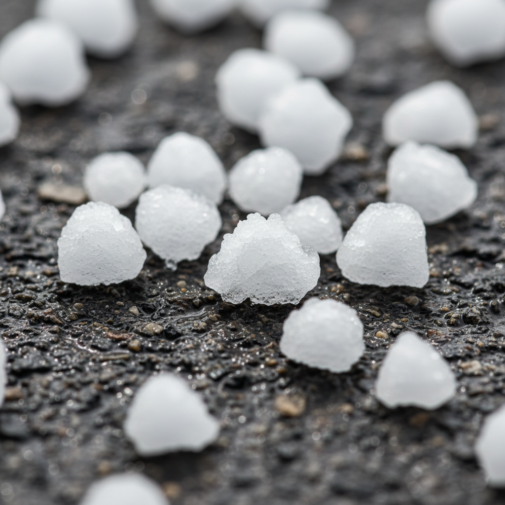A close-up photo from the Al-Jawf event showing icy hail pellets on the ground, not snowflakes