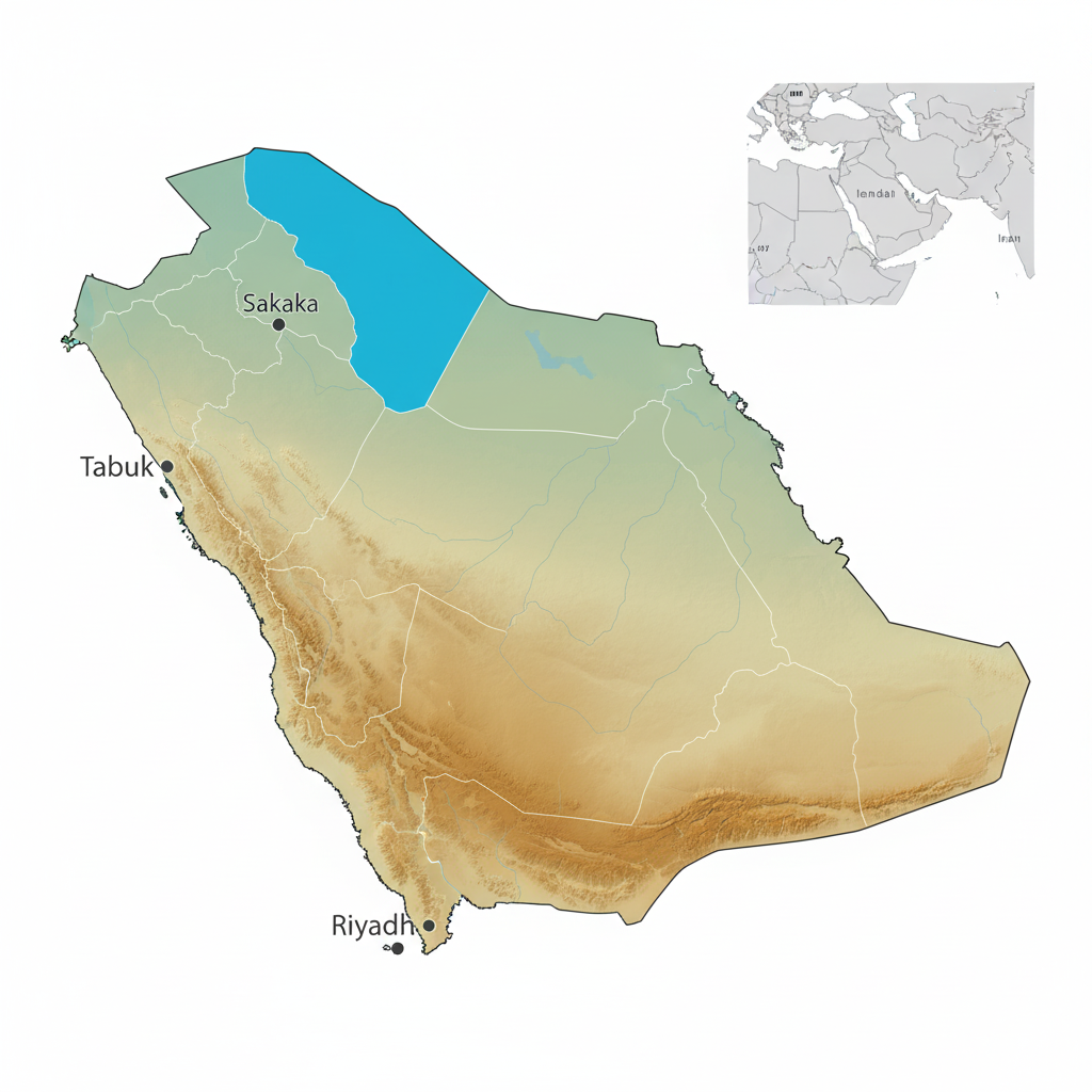 A map of Saudi Arabia highlighting the northern Al-Jawf region, contrasted with the vast Rub' al Khali desert in the south