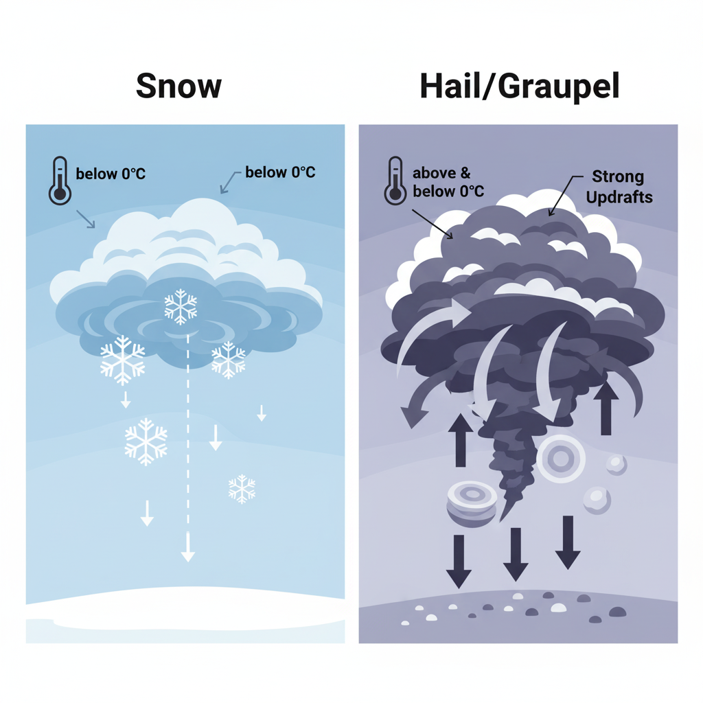 An infographic comparing the formation of fluffy snowflakes vs. dense hailstones in a storm cloud