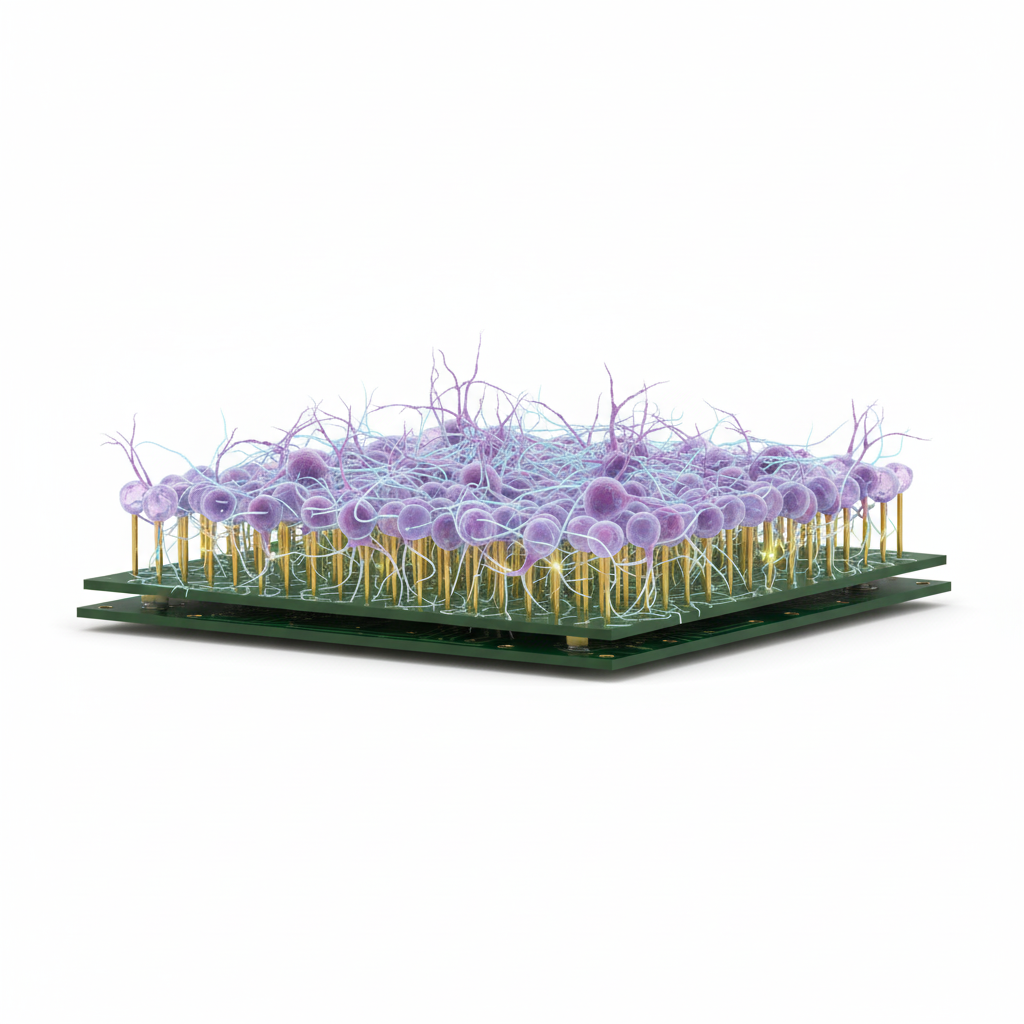 Diagram of a High-Density Microelectrode Array (HD-MEA) with neurons on top