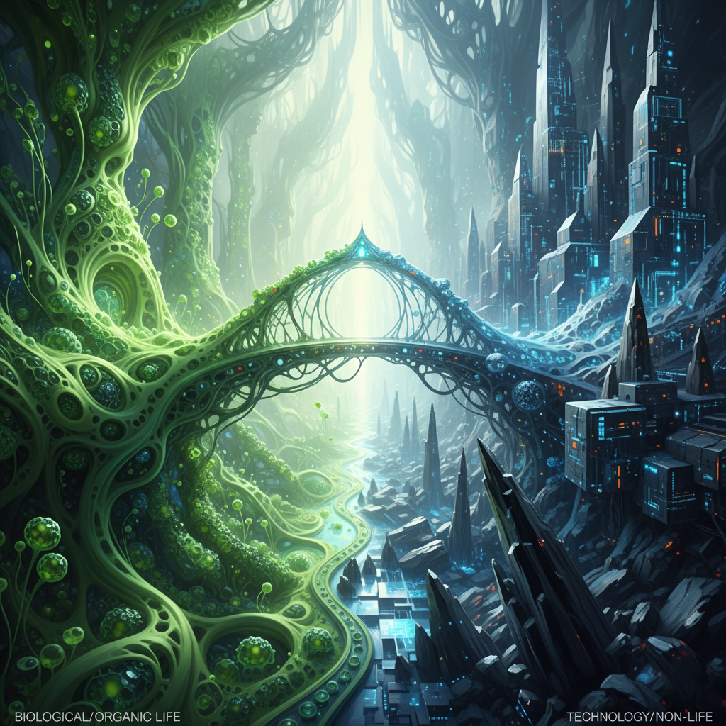 Artistic rendering of a bridge connecting biology and technology