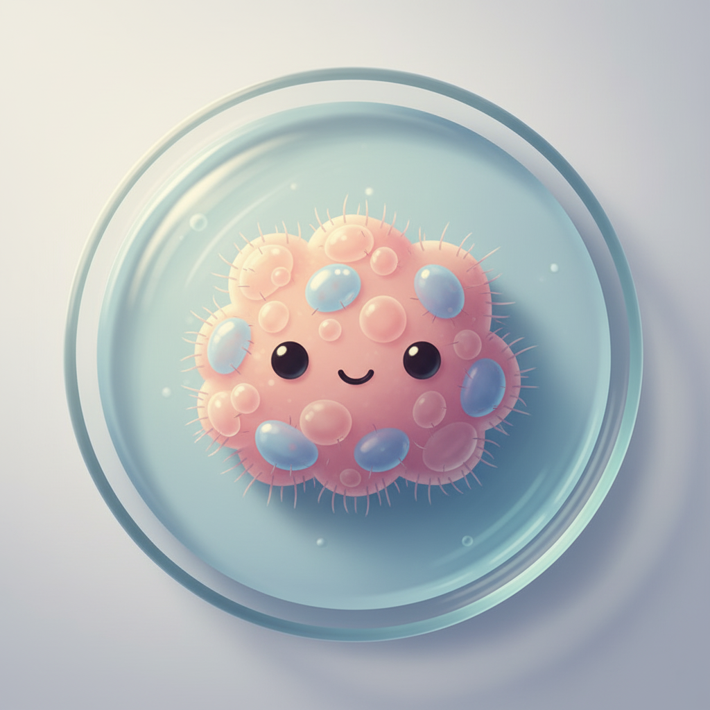 Cute illustration of a harmless biobot in a petri dish