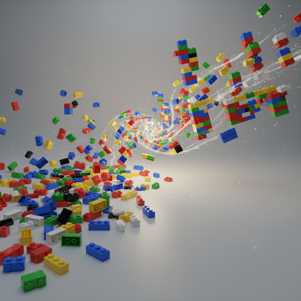 Conceptual art of Lego bricks reassembling themselves into a new shape