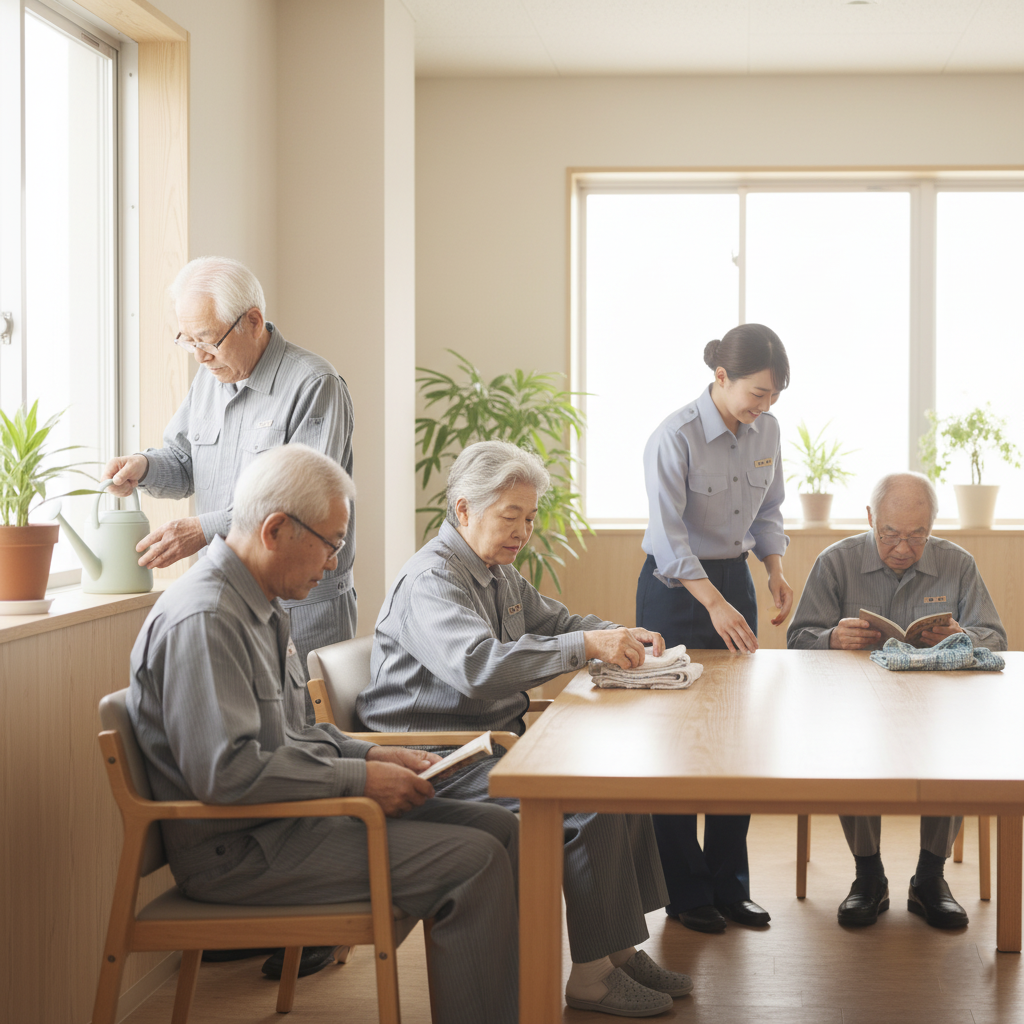 Elderly inmates in a Japanese prison facility