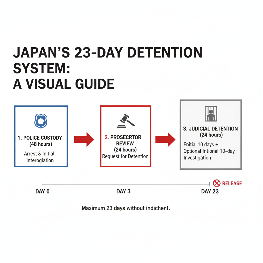Diagram explaining the 23-day detention cycle in Japan