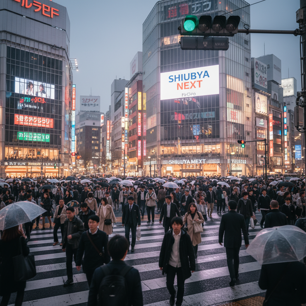 Busy Shibuya crossing demonstrating orderly chaos and safety