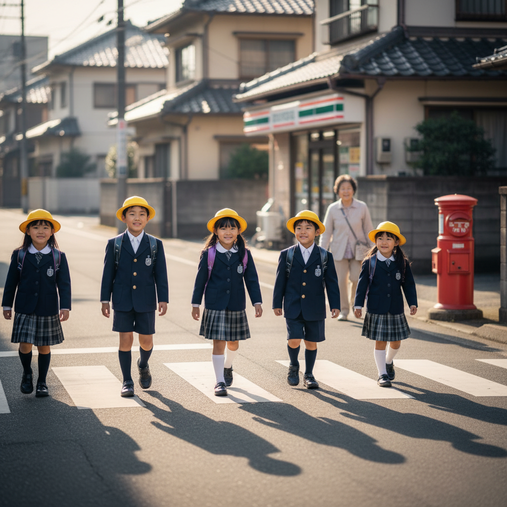Young Japanese children walking to school alone