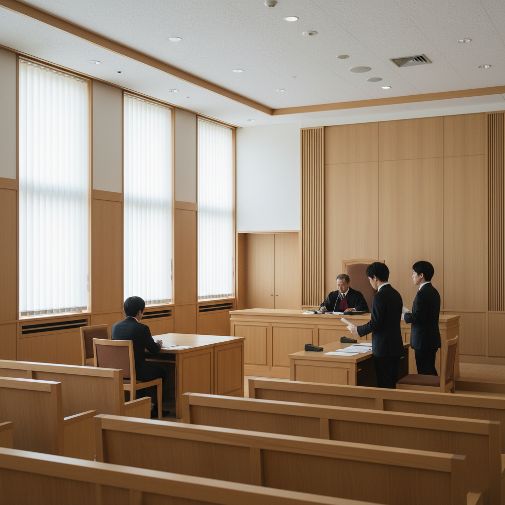 Inside a formal Japanese courtroom