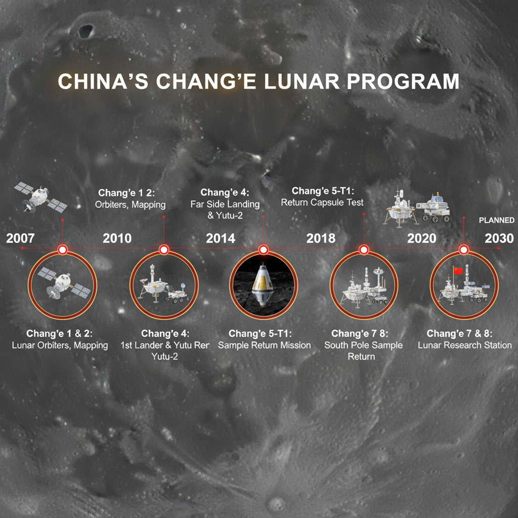 A graphic timeline of China's Chang'e lunar missions, from Chang'e 1 to the upcoming ILRS