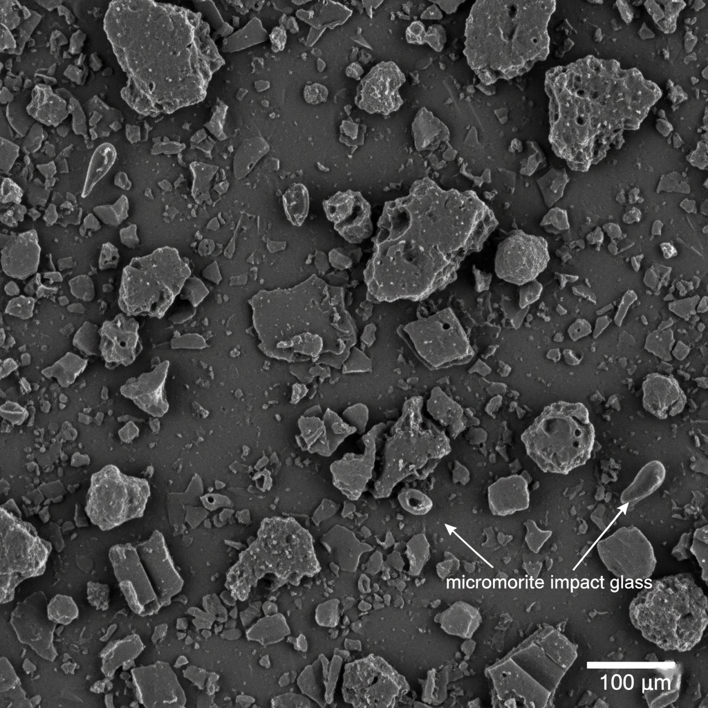 A microscopic image of sharp, abrasive lunar regolith dust particles