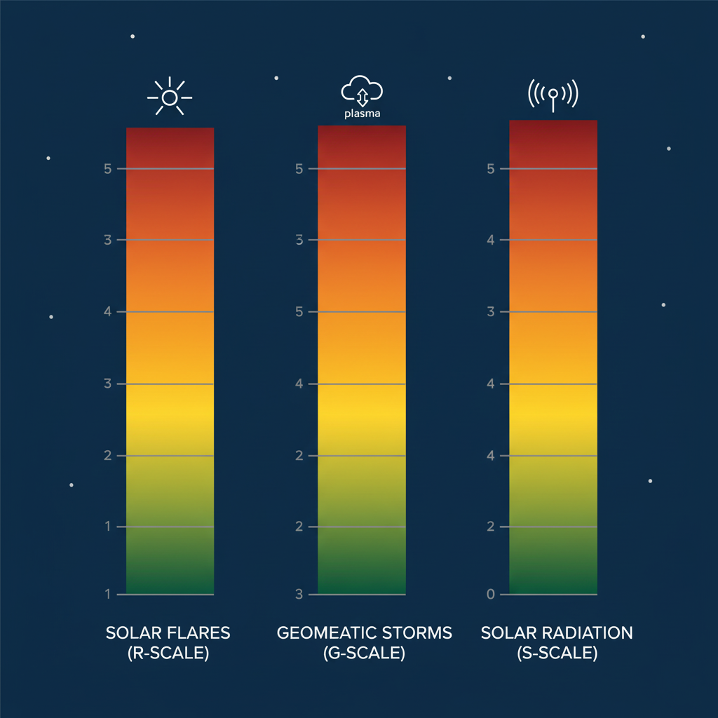 Chart explaining the NOAA Space Weather Scales: R, S, and G