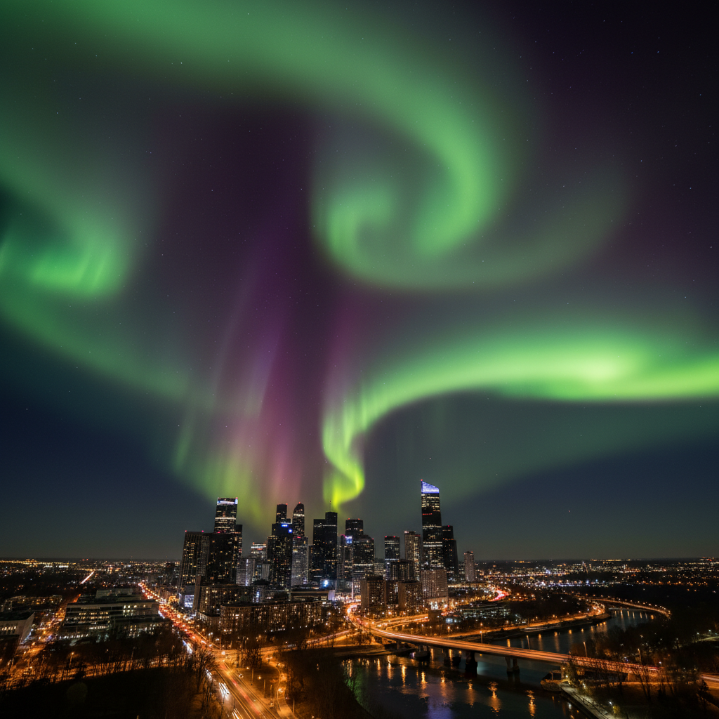 Spectacular red and green aurora borealis visible over a city skyline