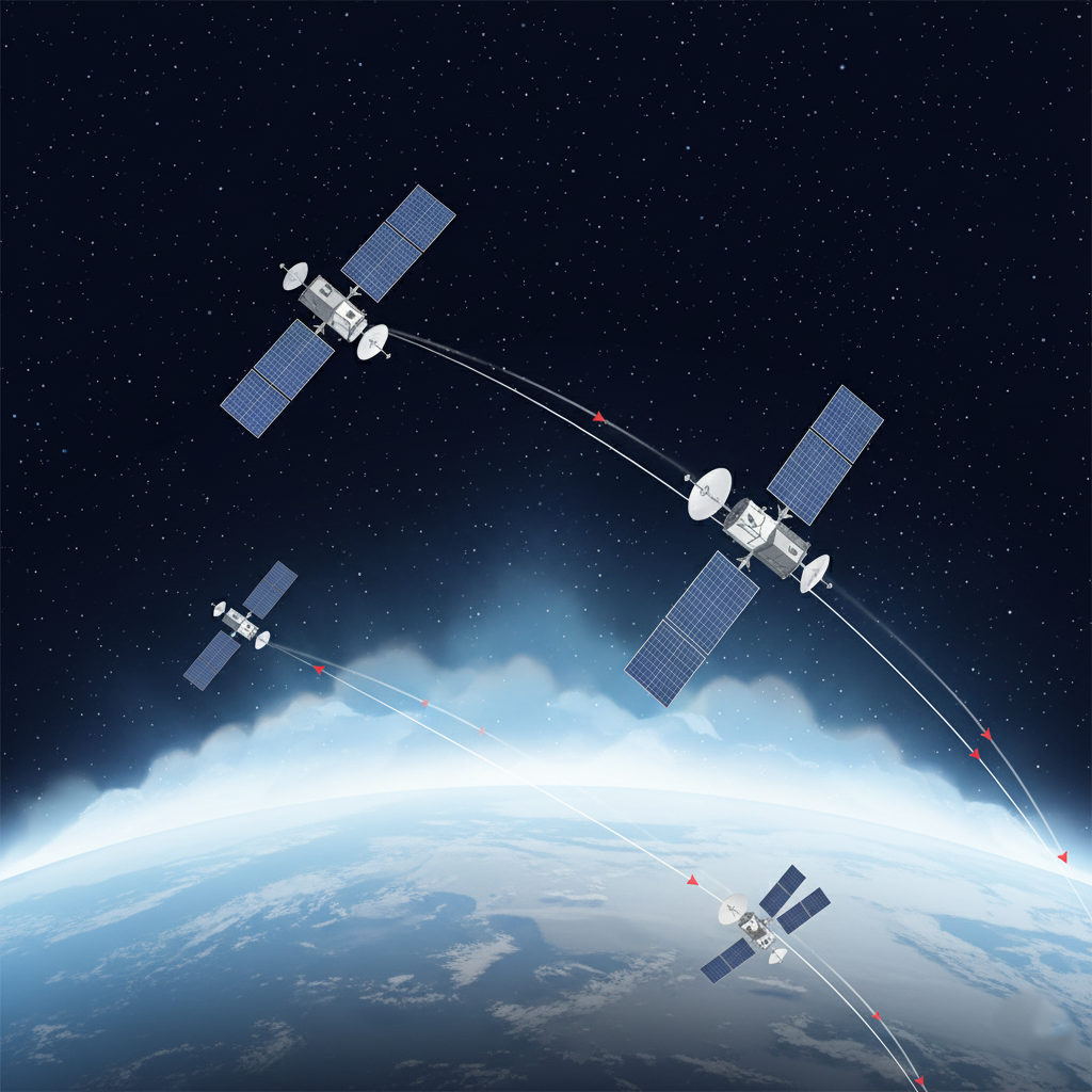 Illustration of satellites in orbit experiencing drag from a swollen atmosphere