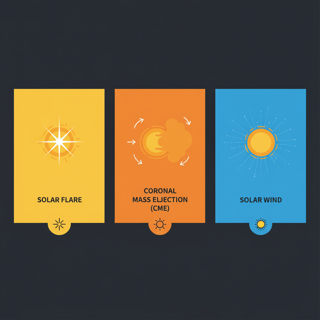 Infographic comparing Solar Flare, CME, and Solar Wind