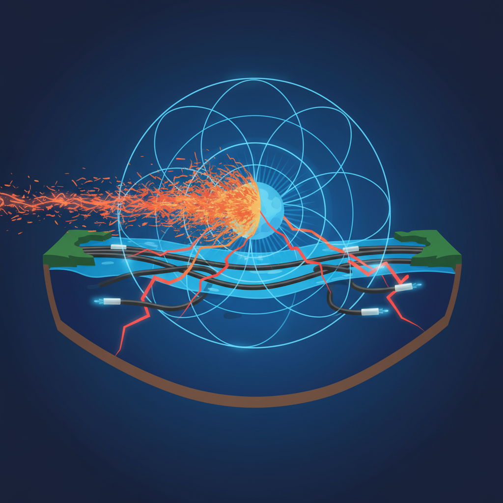Illustration of undersea internet cables and solar storm risk