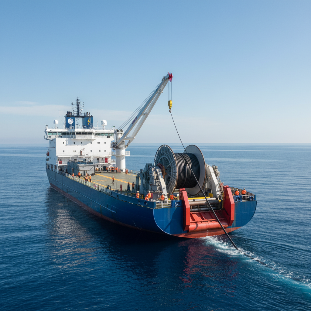 A specialized cable-laying ship unreeling a large spool of cable into the ocean.