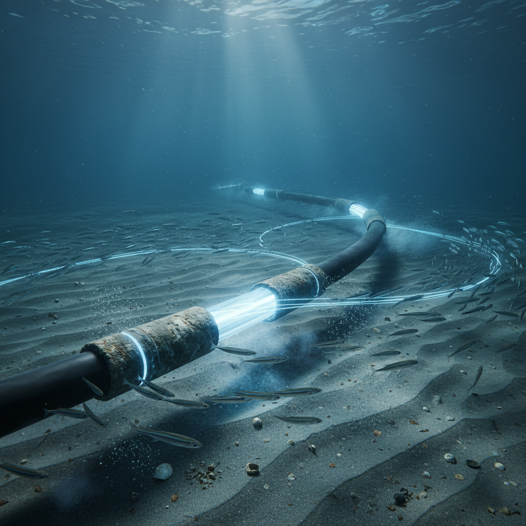 A subsea internet cable resting on the ocean floor with light pulses traveling through it.