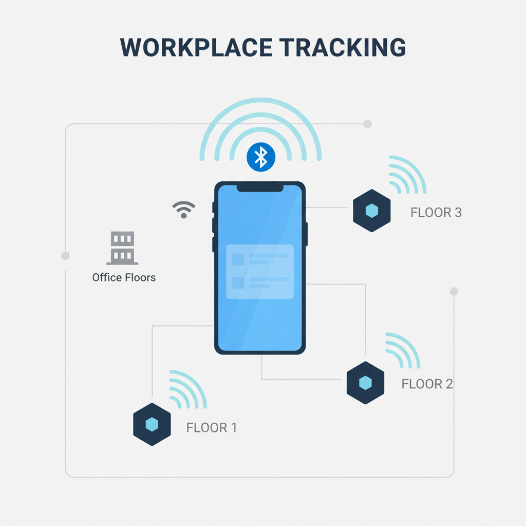 An infographic showing a smartphone pinging Bluetooth beacons in an office
