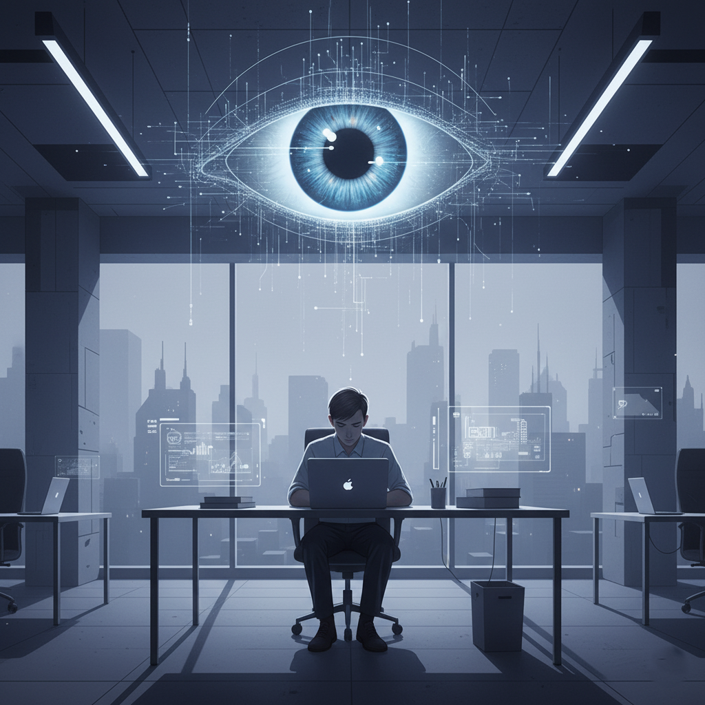 An illustration of an office worker at their desk, feeling watched by a large eye in the sky
