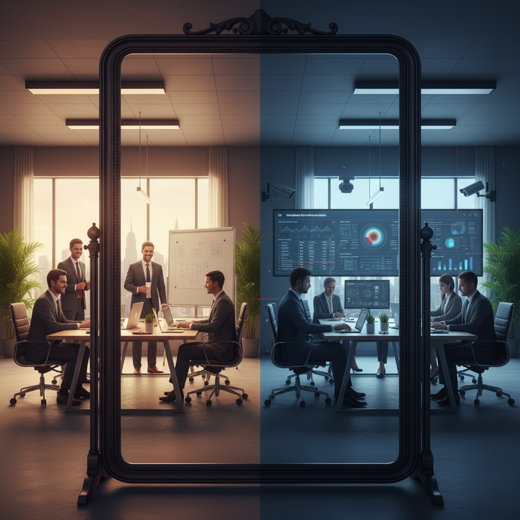 A mirror reflecting either a helpful, collaborative office or a strict surveillance office