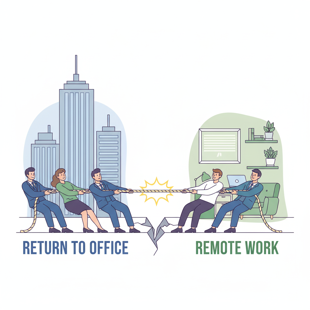 An image showing a tug-of-war between executives wanting a return-to-office and employees wanting remote work