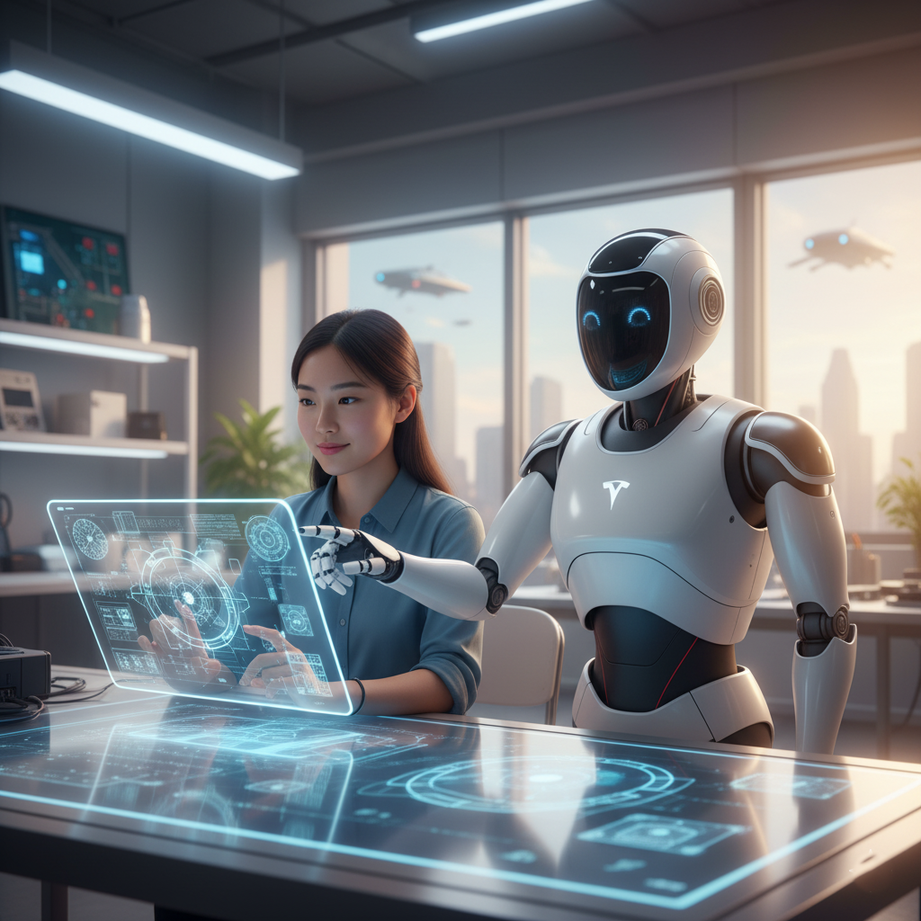 A hopeful image of a young person designing or interacting with a helpful, friendly robot