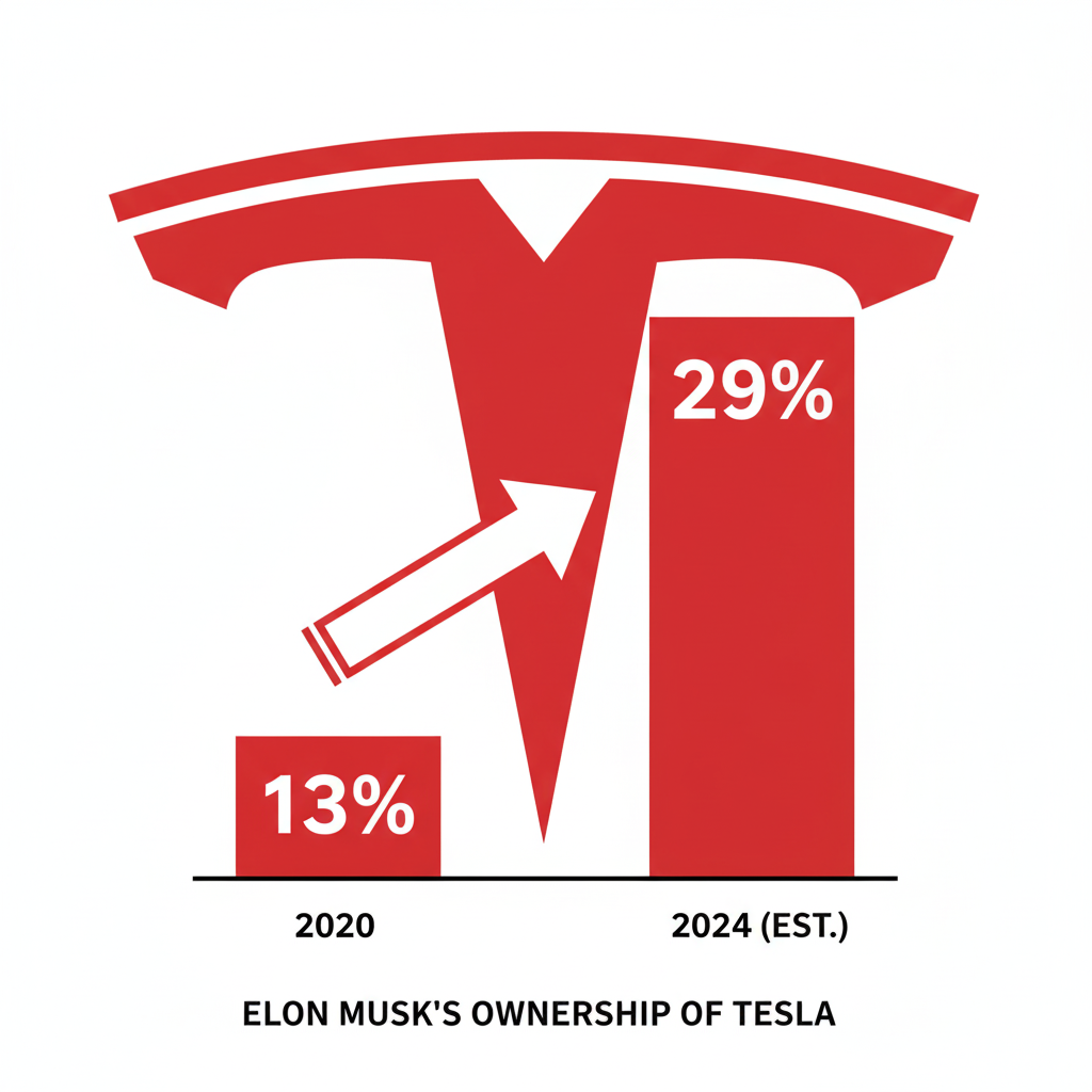 An illustration of Elon Musk seeking a larger control stake (from 13% to 29%) in Tesla