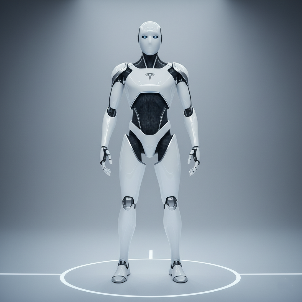 A full-body image of the Tesla Optimus robot prototype
