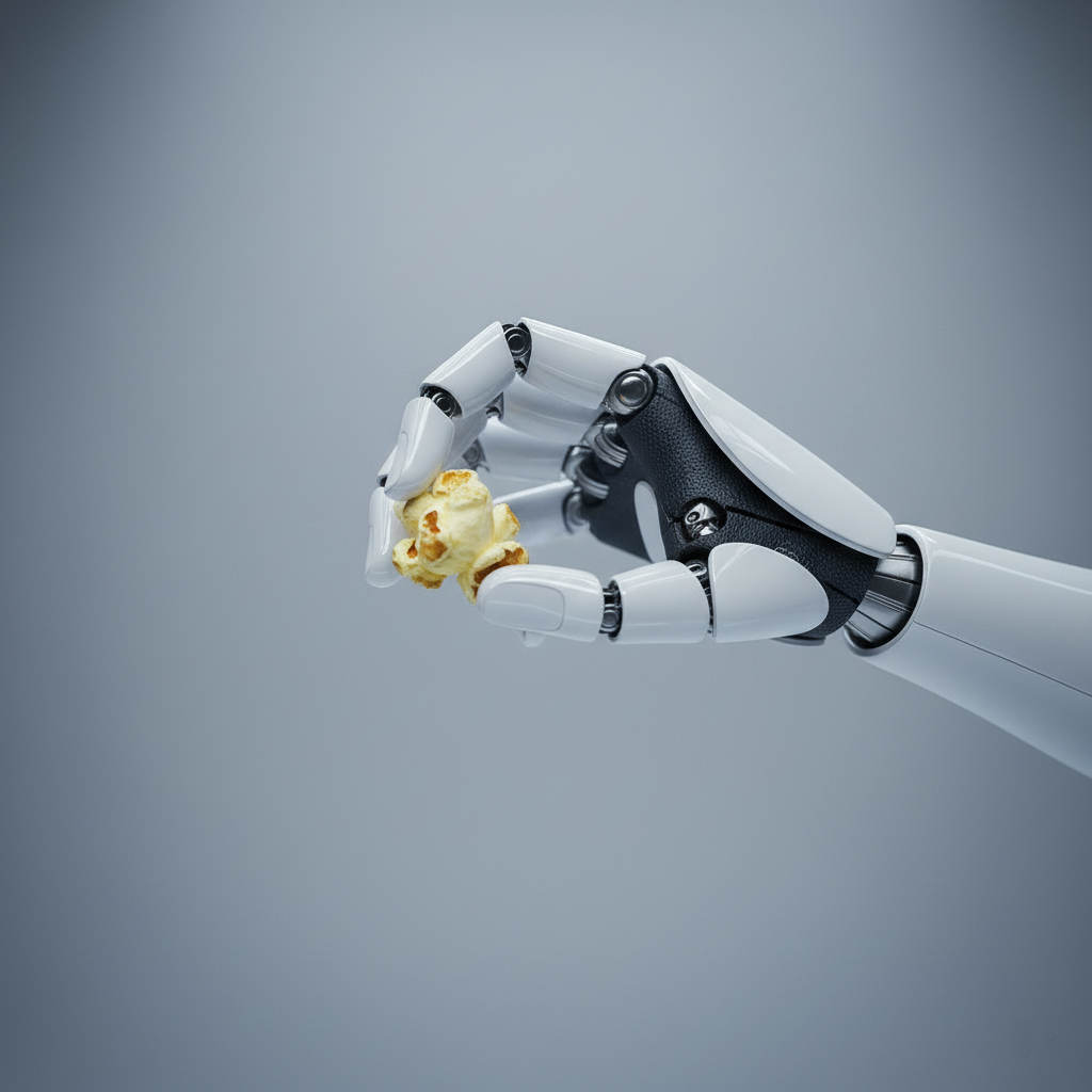 A close-up of the Tesla Optimus robot's articulated hand performing a delicate task