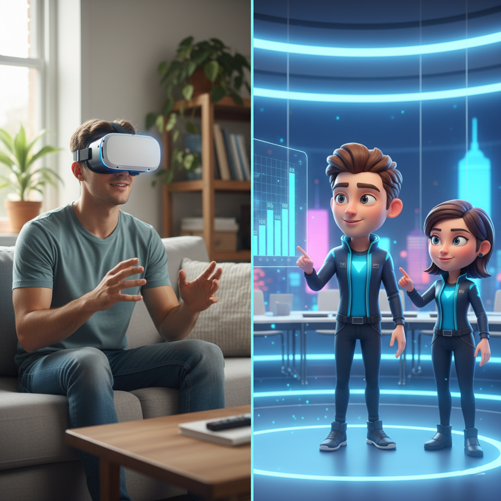 A split-screen view showing a person in their living room wearing a headset on one side, and their avatar interacting with a colleague in VR on the other.