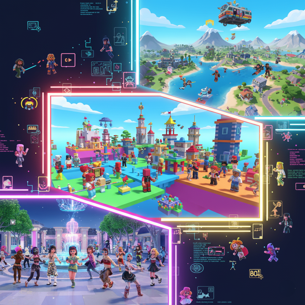 A collage of modern platforms like Roblox and Fortnite where users interact as avatars in persistent online worlds.