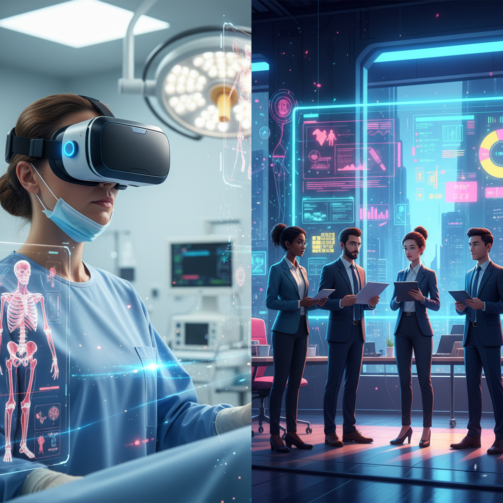 A split image showing a surgeon training in VR on one side, and a group of avatars collaborating in a metaverse office on the other.