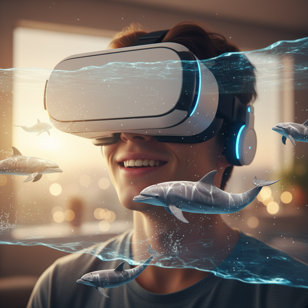 A person wearing a VR headset, completely immersed in a simulation of swimming with dolphins.