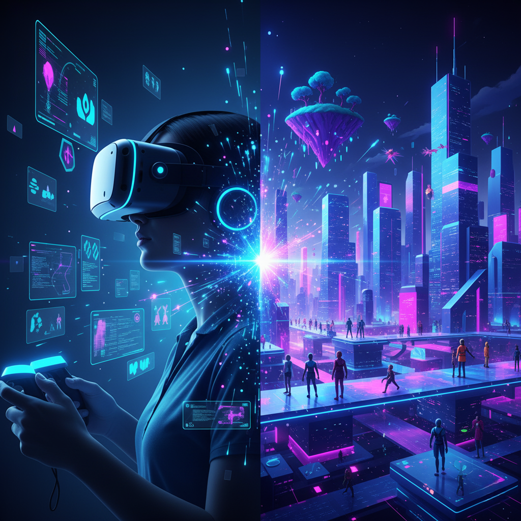 A conceptual image showing a person using a VR headset to step into the sprawling digital world of the Metaverse